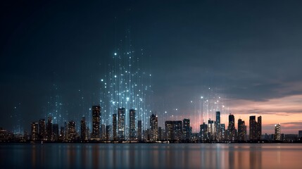 Fototapeta premium Futuristic cityscape with data streams visualized over modern architecture