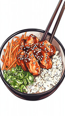 Teriyaki chicken rice bowl with carrots and scallions