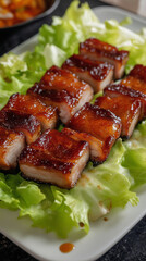 Oven-roasted pork belly pieces on lettuce