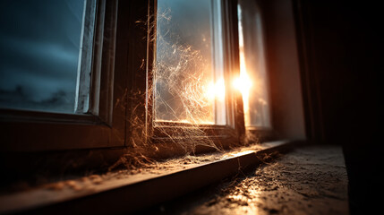 cobweb window in the sun light 