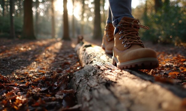 Person walking on log in forest