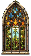 Window with pointed arch and colorful stained glass on white background