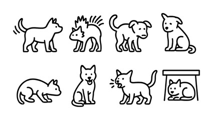 Pet behavior outline icon set – linear style animal, cat, and dog communication symbols: playful puppy, surprised cat, wagging tail, scared kitten, barking dog, hiding pet