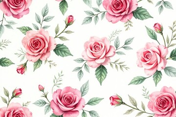 Delicate watercolor roses & leaves, repeating pattern , floral, seamless background, flowers
