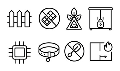 Home security and safety outline icons set – linear style for protection, prevention, and emergency: fence, burglar alarm, poison alert, locked cabinet, microchip, dog collar, no access, fire exit.