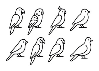 Pet birds outline icon set – linear style avian, wildlife, and nature symbols for pet enthusiast materials: parrot, budgerigar, cockatoo, lovebird, cockatiel, finch, canary, parakeet.