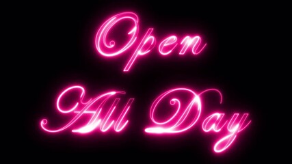 Neon 24 hours with 7days open Text Animation on a transparent background. Glowing Neon open all day text animation. Open 24 7 neon animation with alpha channel.