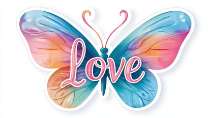 Glossy butterfly sticker with "love" written in elegant script on its wings. Mood: affectionate and lighthearted