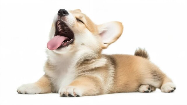 cute puppy with a tongue sticking out. The puppy is sitting on a white background. The puppy has a happy expression on its face
