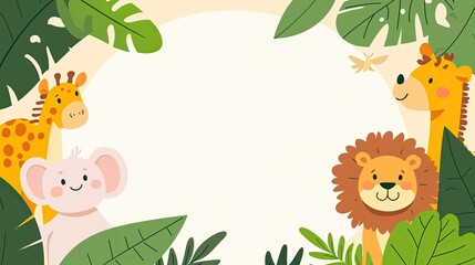 Cute cartoon animals, giraffe, lion, elephant,  surrounded by tropical leaves, blank circle for text.