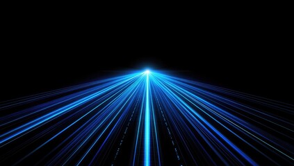 Bright blue light streaks converge to a point, creating a futuristic tunnel effect on a black background