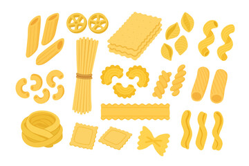 Flat cartoon collection of different pasta types in doodle style for cooking and italian cuisine.