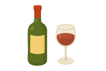 Cartoon vector of wine bottle and glass with red wine. Perfect for pasta and gourmet dishes.