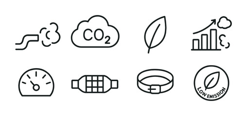 Eco-friendly vehicle emissions icons set &ndash; outline style for environmental awareness: cloud, co2, leaf, graph, gauge, filter, belt, low emission