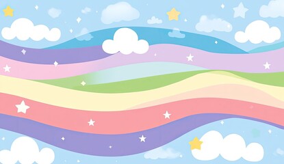 Pastel rainbow waves, clouds, and stars on a light blue sky