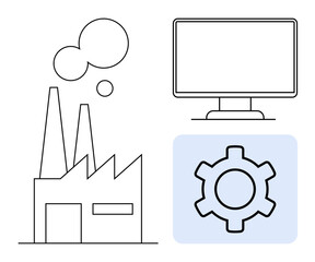 Factory with smoke stacks, gear icon, and computer monitor signifying manufacturing, automation, and technology. Ideal for industry, production, engineering, innovation efficiency software simple