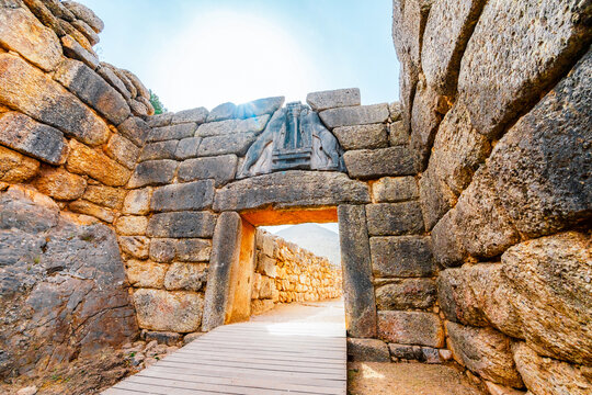 The archaeological site of Mycenae with ancient tombs, giant walls and lions gate, Peloponnese, Greece