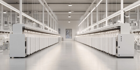 Obraz premium Innovative Textile Mill White Silver Hues Advanced Technology Production Center Streamlined Efficiency Modern Manufacturing Facility Future of Fabrics Cutting Edge Design 