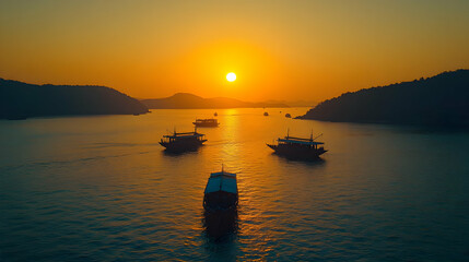 Golden Sunset Over Calm Water with Boats Illustration