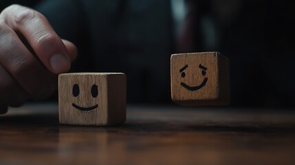 A man's hand moving a wooden block featuring a happy face beside a sad face, representing the emotional dynamics in leadership roles on a dark backdrop