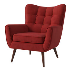 Red armchair, button tufting, mid century modern style