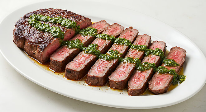 A platter of sliced tri-tip steak with chimichurri sauce drizzled over, served , isolated on a white background
