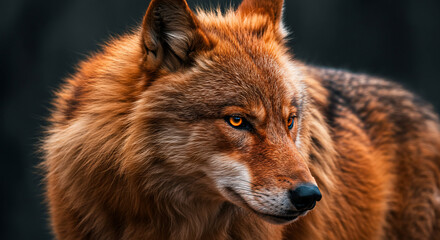 Fototapeta premium Close up portrait of a majestic wolf with striking orange eyes, showcasing its intense gaze and detailed fur.