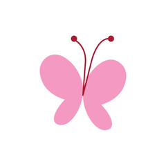Cute pink butterfly illustration with simple shapes and red antennae, perfect for children's designs, spring themes, nature projects, or decorative creative purposes.