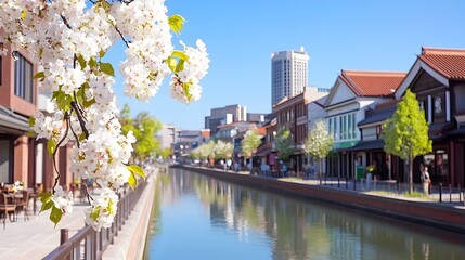 Canal-side street with cherry blossoms, traditional architecture, and modern buildings in background