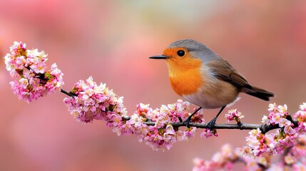 Bird Perched on Flowering Branch with Pink Blossoms