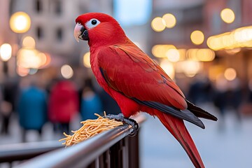 A vibrant red parrot perched on a railing outdoors, enjoying a snack amidst blurred city lights and people