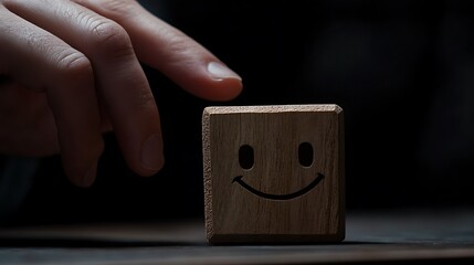 A man's hand moving a wooden block featuring a smiling face next to a sad face, representing the duality of emotions in a business context on a dark backdrop