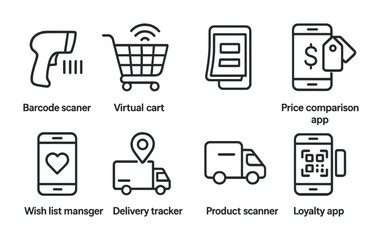 E-commerce and shopping icons set – outline style digital retail, online payment, and delivery symbols for seamless transactions: barcode scanner, virtual cart, app, tracker.