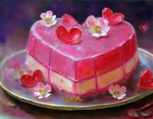 Pink milk heart jelly pudding cake, oil painting style