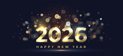 Happy New Year 2026. Golden gradient numbers with glowing bokeh lights on dark background. Elegant festive backdrop with sparkling light particles and soft shine for winter holiday celebration.