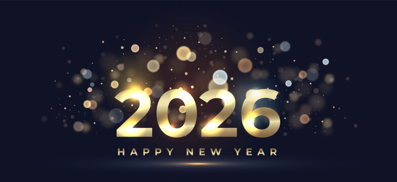 Happy New Year 2026. Golden gradient numbers with glowing bokeh lights on dark background. Elegant festive backdrop with sparkling light particles and soft shine for winter holiday celebration.