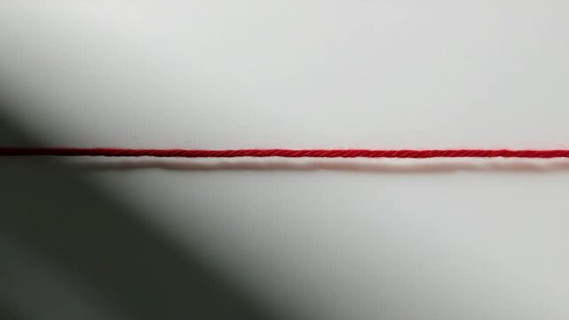 Red woolen thread stretched over a white background.