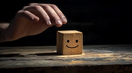 A man's hand moving a wooden block with a smiling face away from a sad face, representing the goal of fostering positive emotions in the workplace on a dark backdrop
