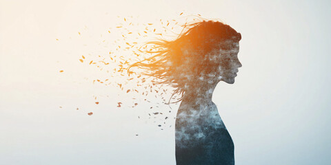 Ethereal Humanoid Figure Dissolving Artistic Expression of Transformation Conceptual Art Piece Digital Woman Silhouette Spiritual Representation
