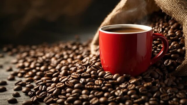 Red mug filled with hot coffee set against a pile of coffee beans on the table