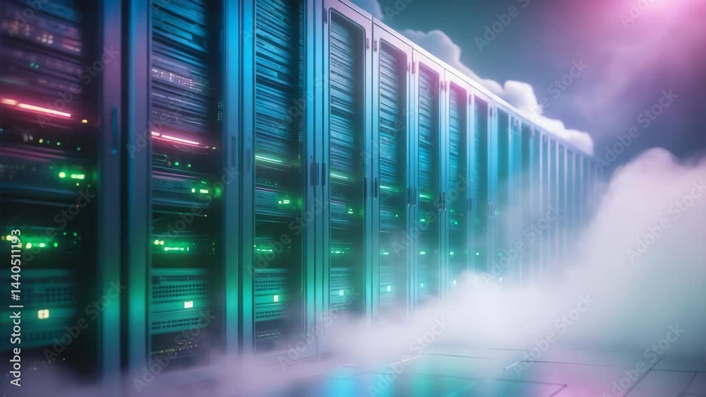 Poster server room with rows of cabinets for networking and storage