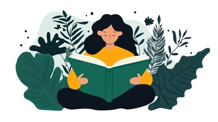 Illustration of a woman reading a book surrounded by plants