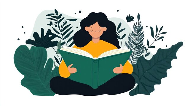 Illustration of a woman reading a book surrounded by plants