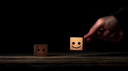 A man's hand shifting a wooden block with a smiling face away from a sad face, illustrating the importance of positive emotions in team dynamics on a dark backdrop