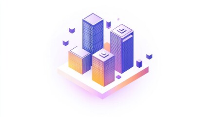 Isometric illustration of vibrant city buildings.
