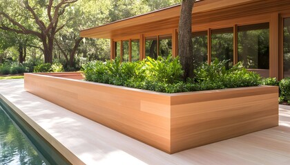 Long, rectangular wooden planter box with lush greenery, situated beside a pool and modern home