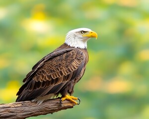 Majestic bald eagle perched on a branch, against a blurred yellow-green background  Its dark brown feathers contrast with its white head and yellow beak