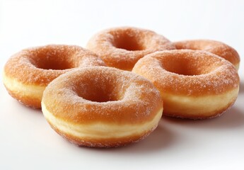 Freshly Baked Sugar-Coated Donuts Stacked on a White Background Perfect for Breakfast or Snack Time Treats