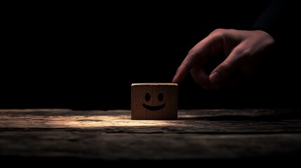 A man's hand sliding a wooden block with a happy face away from a sad face, symbolizing the transition from negative to positive emotions in a business setting on a dark backdrop