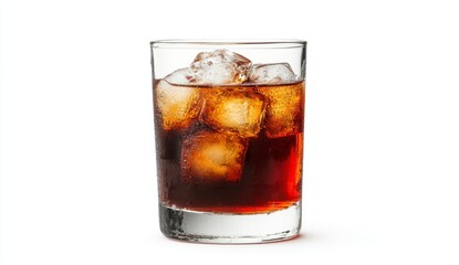 Dark Brown Cola with Ice in Rocks Glass on White Background